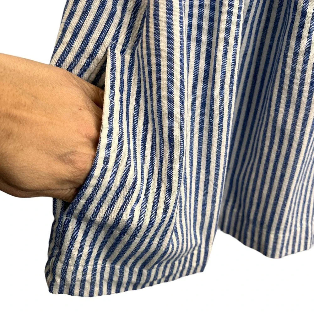 J.Crew Striped Linen Blend Cold Shoulder Ruffle Blouse Blue White Womens Size 00